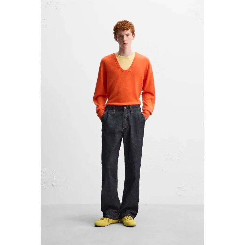 Zara X Harry Lambert Mens Sweater L Large Orange ColorBlock Wool  2893/321 NWT